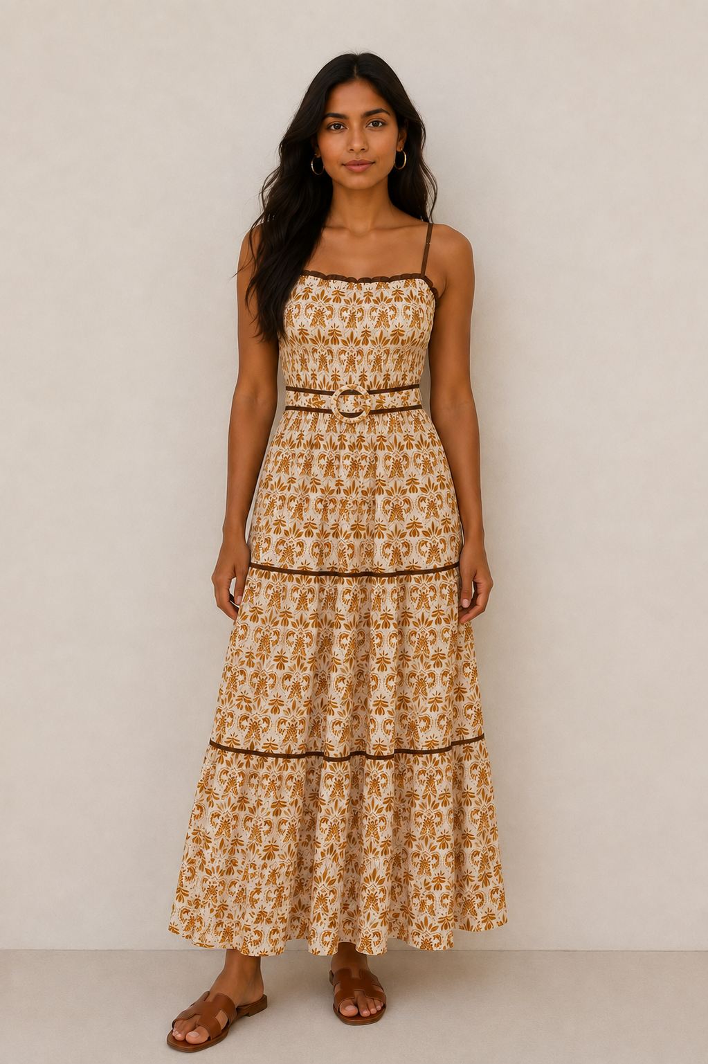 Long Camel Floral Dress - Flying Tomato
