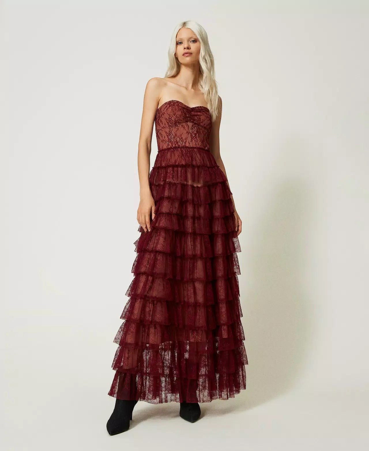 Chantilly Lace Bustier Dress Cabernet Red