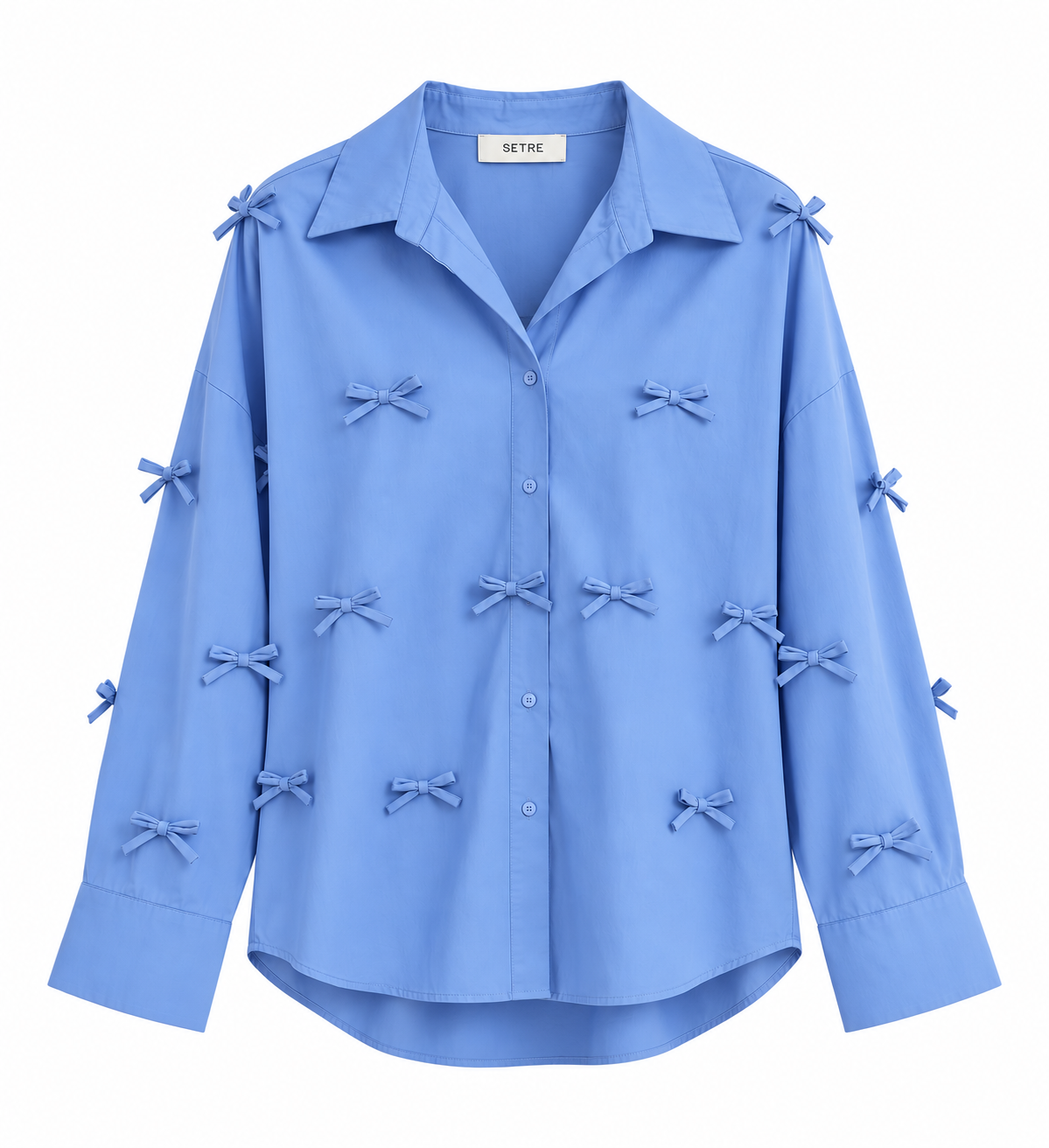 Bow Detail Button-Up Blue Shirt - Setre