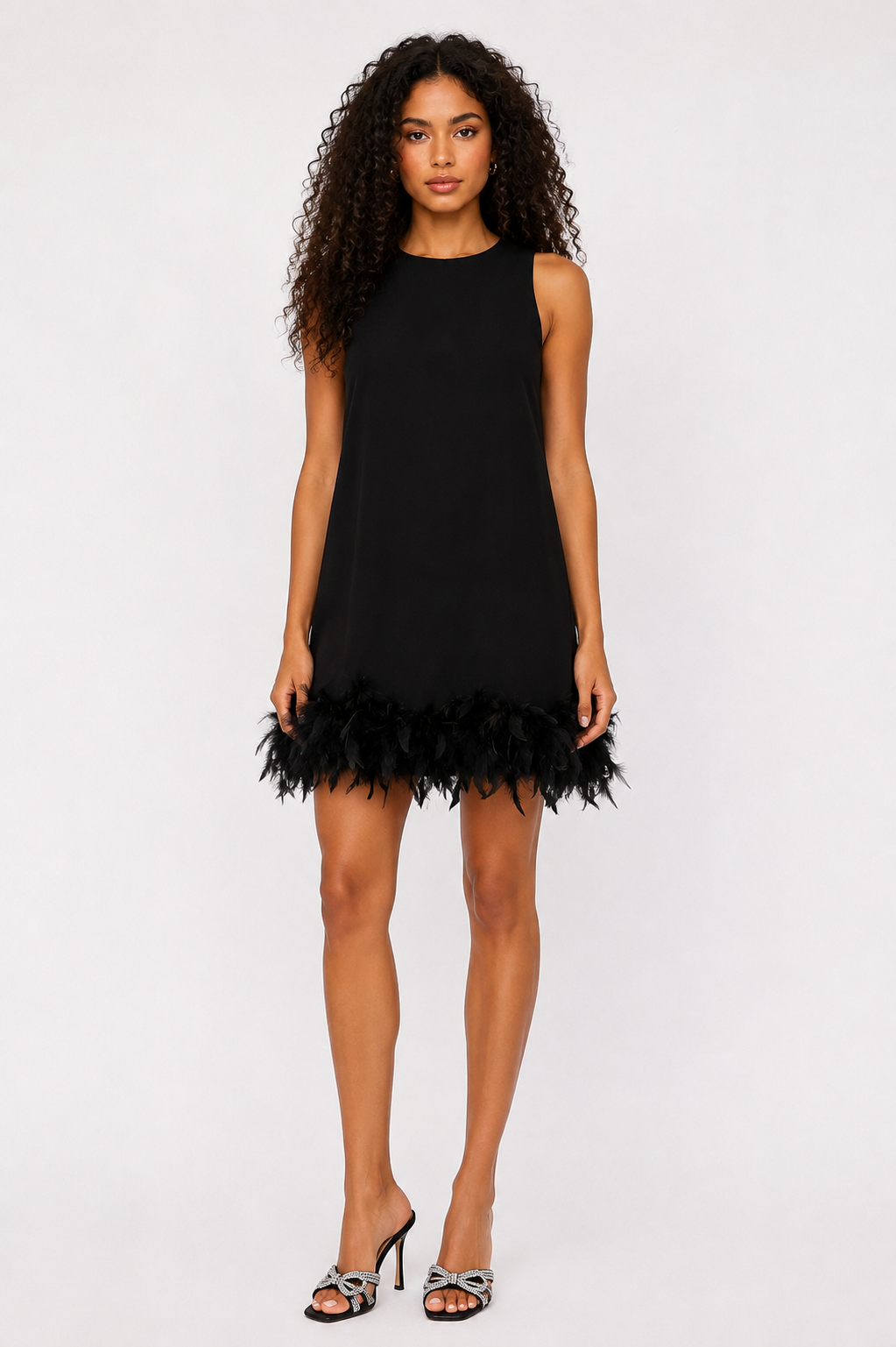 Black Feather-Trim Mini Dress - RENGIN