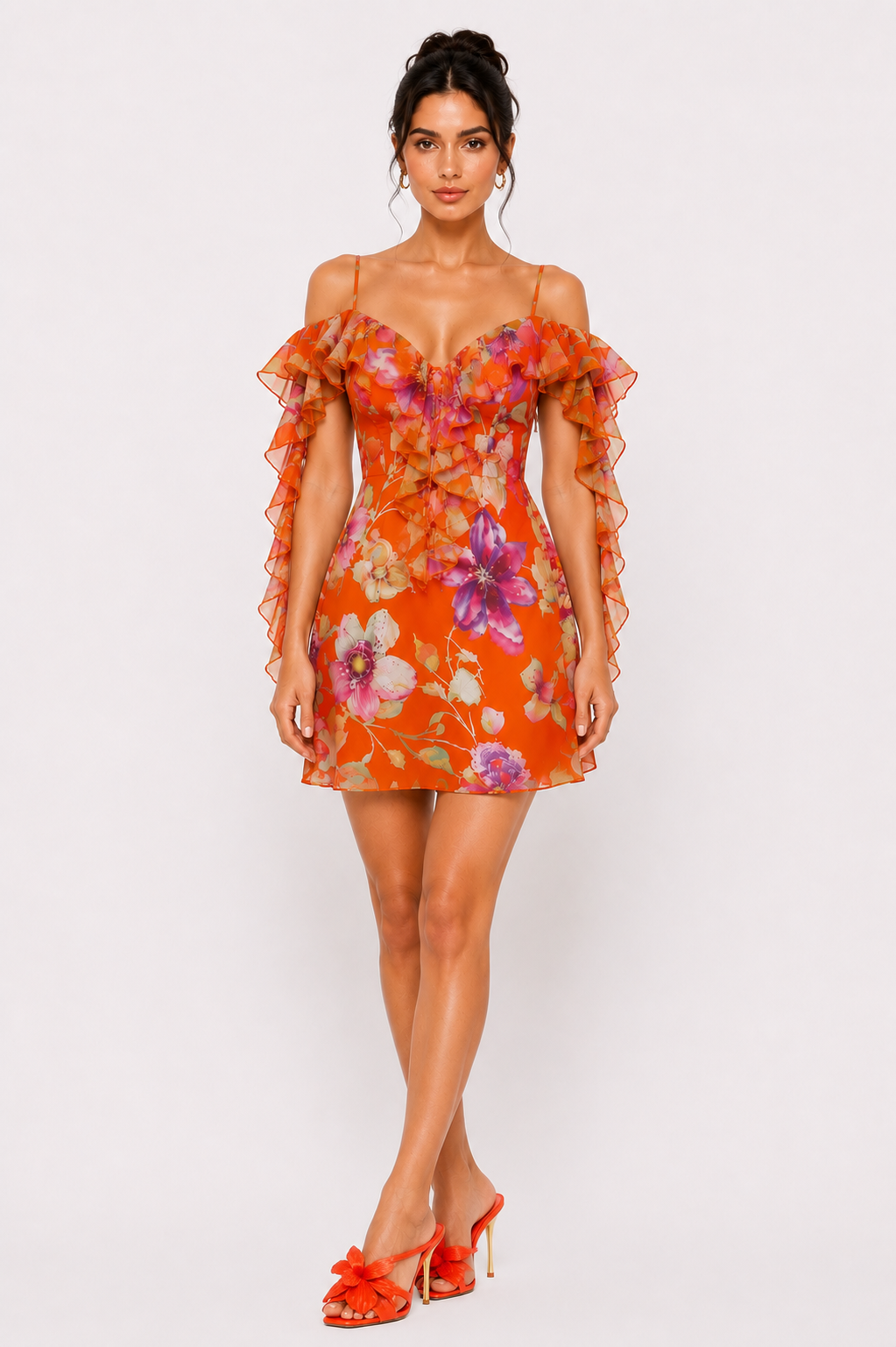 Orange Ruffle Floral Dress - Carmen