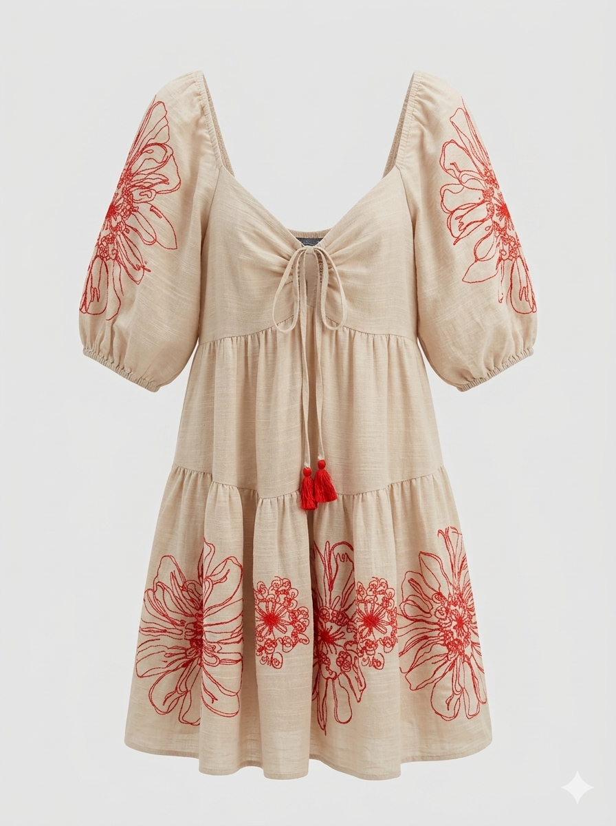 Beige Dress with Floral Embroidery - Soul
