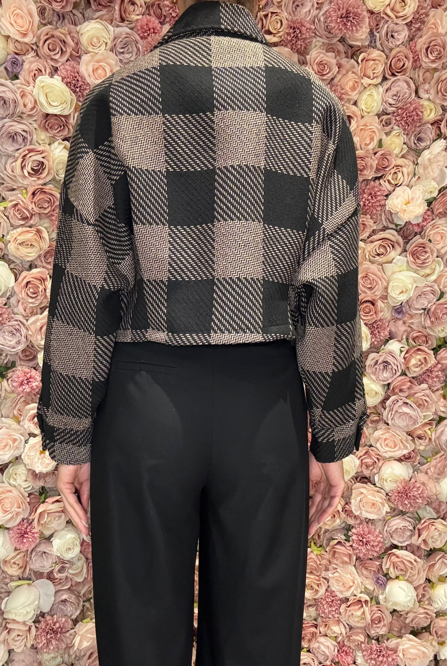 Taupe and Black Cropped Plaid Jacket