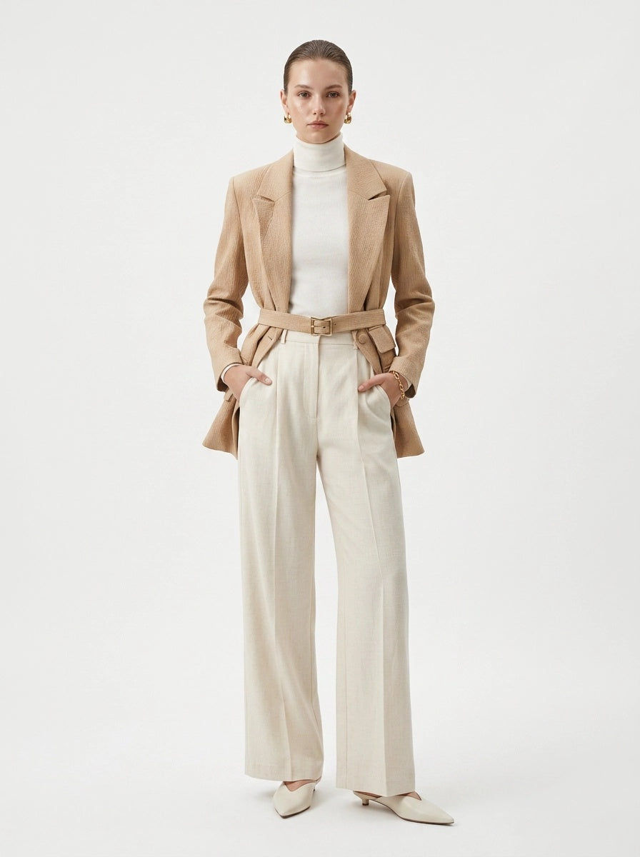 Textured Beige Belted Blazer - Setre