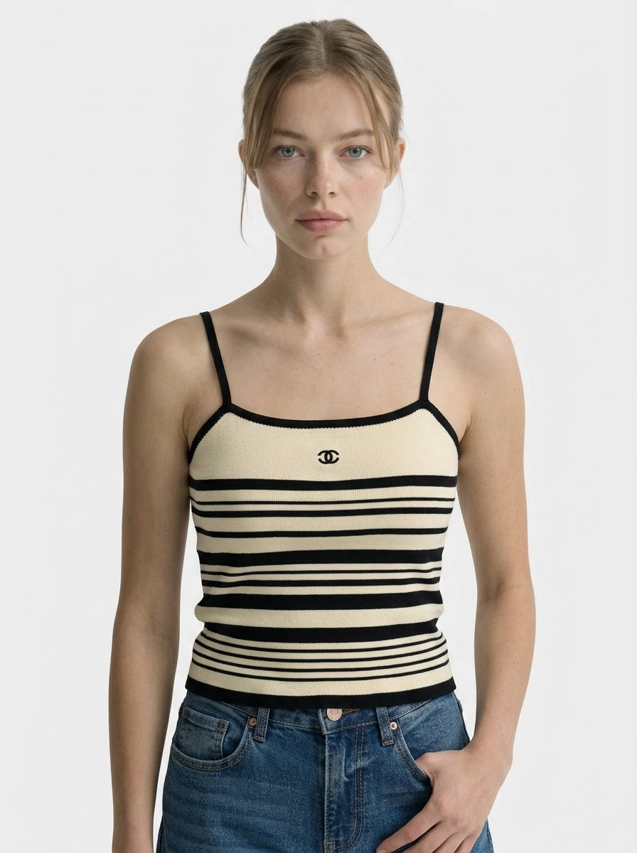 Black & Beige Striped Top Tank