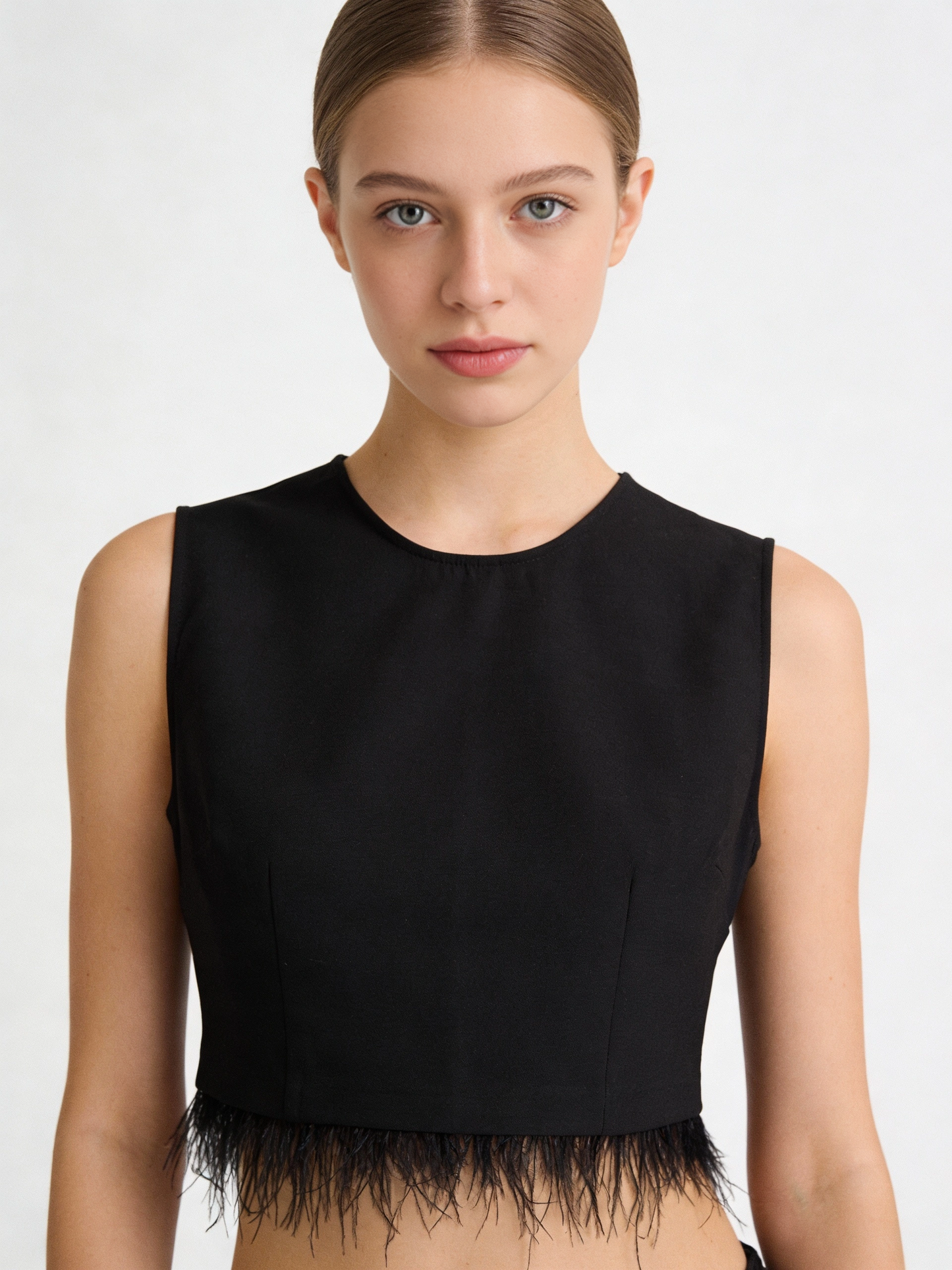 Black Feather Trim Crop Top