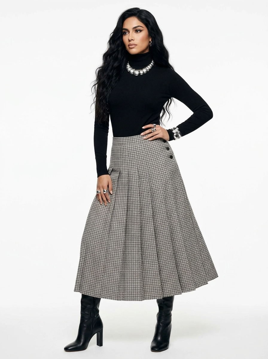 Grey Gingham Pleated Skirt - Ottodame