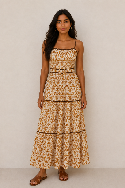 Long Camel Floral Dress - Flying Tomato
