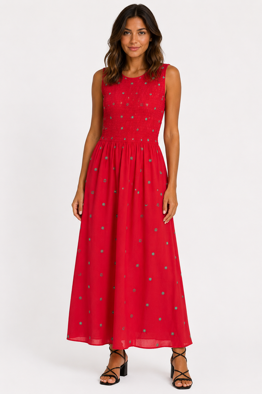 Red Embroidered Maxi Dress - Fiori