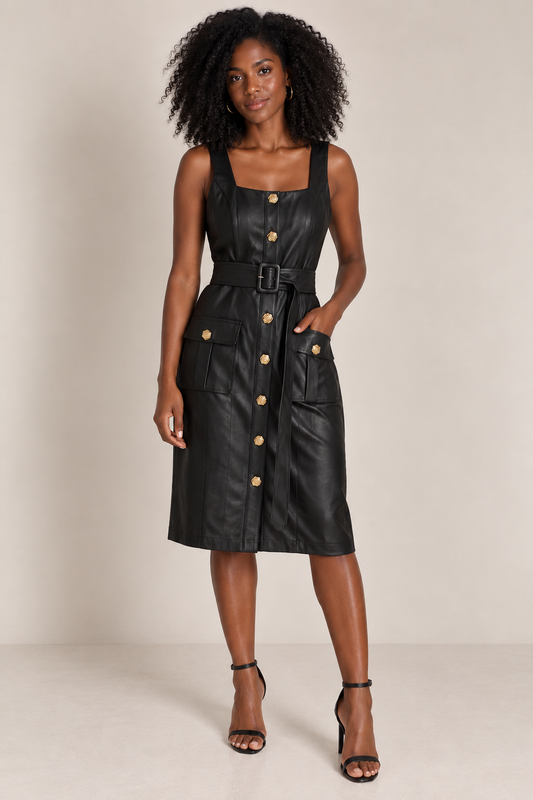 Black Faux Leather Midi Dress - OVI