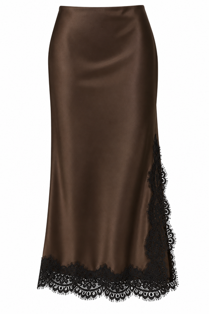 Brown Satin Lace-Trimmed Skirt - Lidias Imports