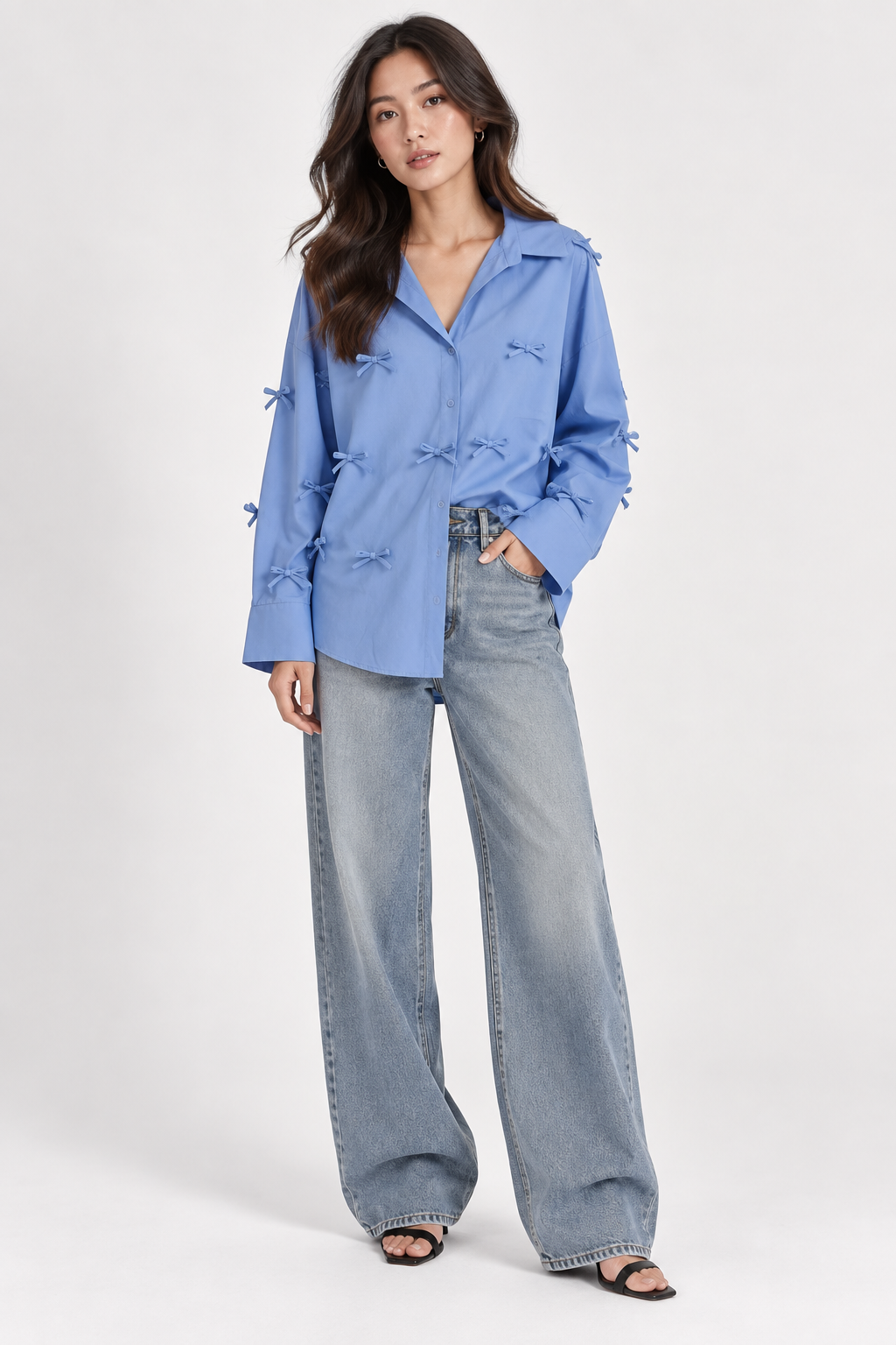 Bow Detail Button-Up Blue Shirt - Setre