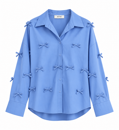 Bow Detail Button-Up Blue Shirt - Setre
