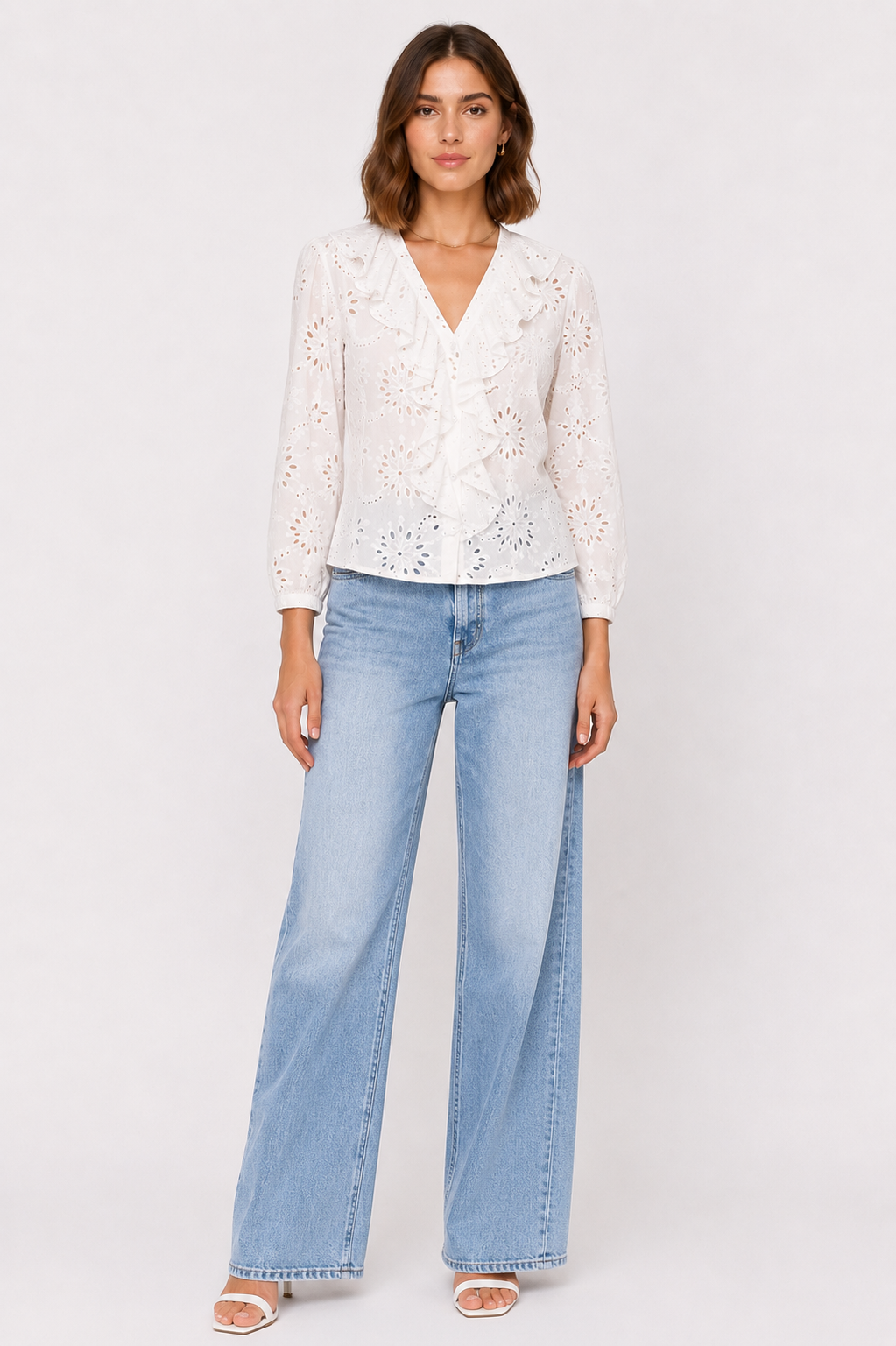 White Embroidered Ruffle Blouse - Tinta