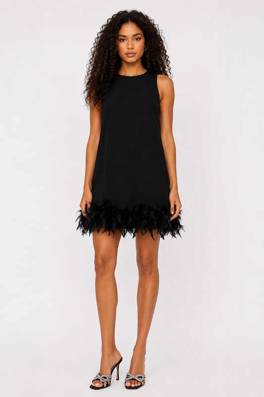 Black Feather-Trim Mini Dress - RENGIN