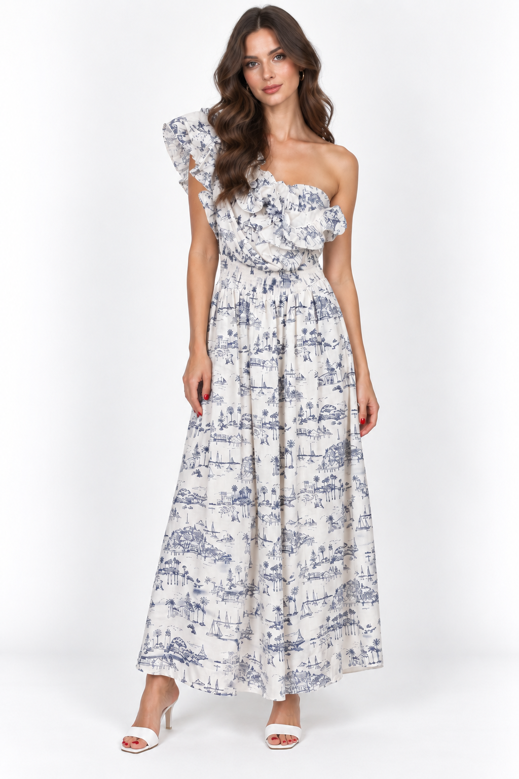 Long Ruffled White/Blue Dress - Setre