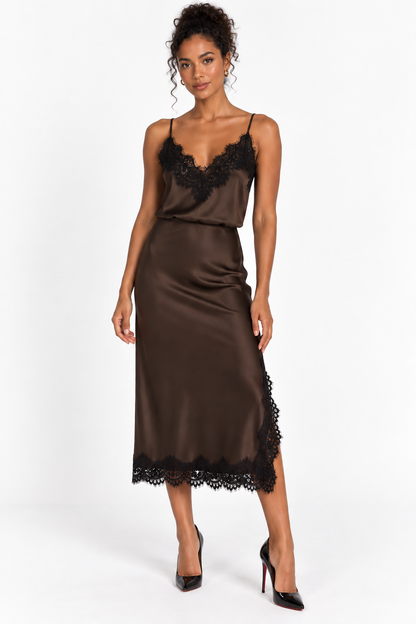 Brown Satin Lace-Trimmed Skirt - Lidias Imports