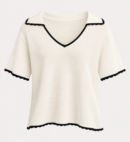 White Knit Top with Black Scalloped Trim - Frank Lyman