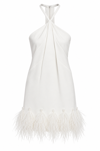 White Halter Mini Dress with Feather Trim - RENGIN
