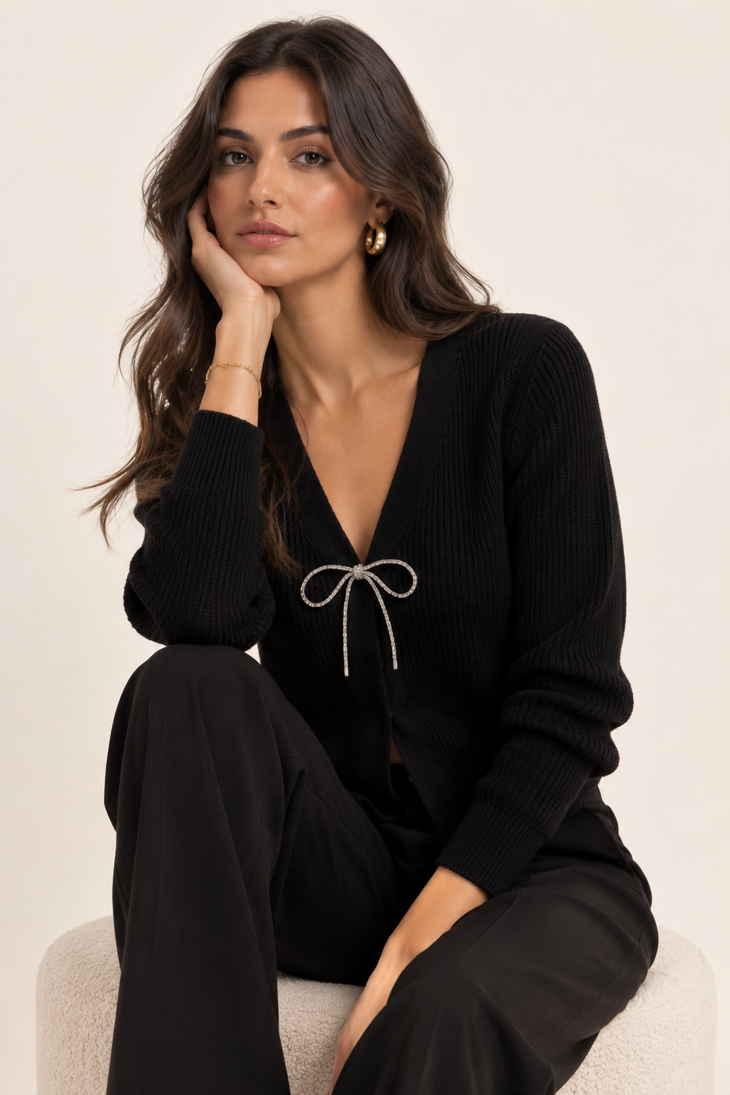 Isabella Crystal Bow Cardigan in Black