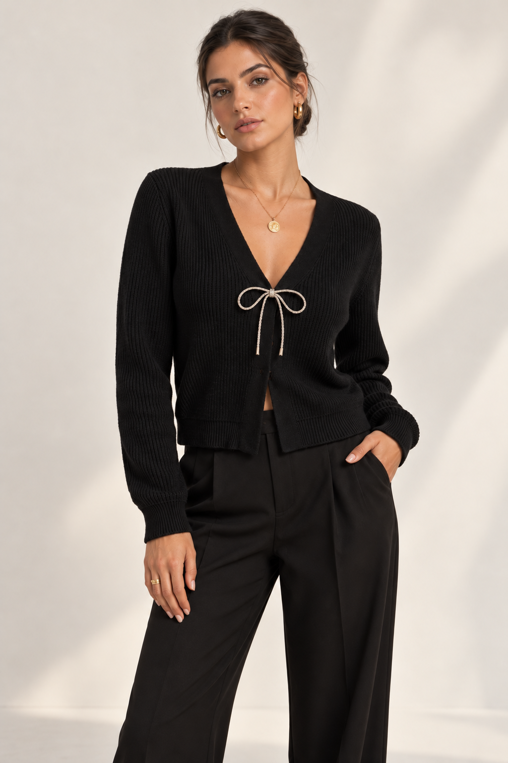 Isabella Crystal Bow Cardigan in Black