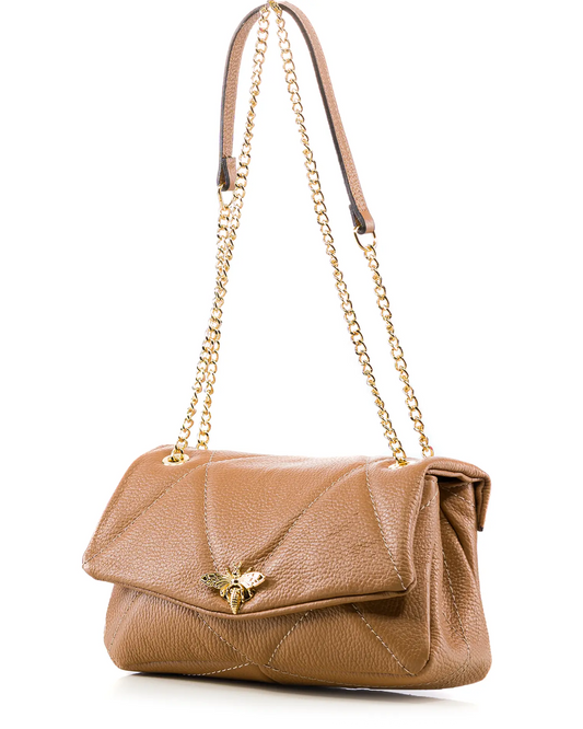 Brown handbag with a gold chain strap on a white background