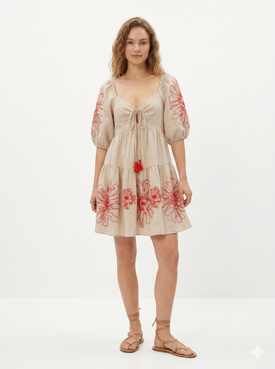 Beige Dress with Floral Embroidery - Soul