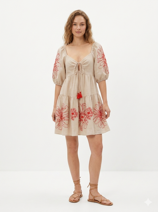 Beige Dress with Floral Embroidery - Soul
