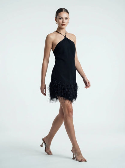 Short Black Dress with Feathers - RENGIN