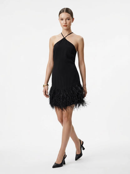 Short Black Dress with Feathers - RENGIN