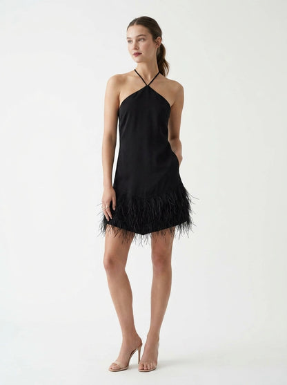 Short Black Dress with Feathers - RENGIN