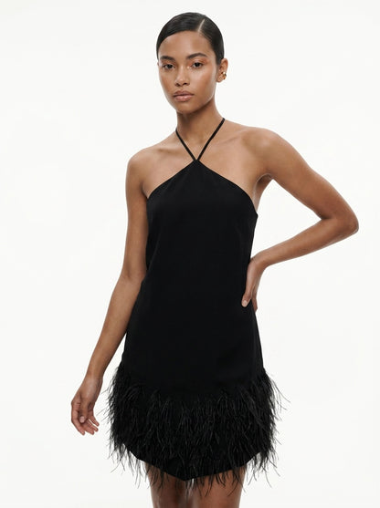 Short Black Dress with Feathers - RENGIN