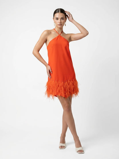 Orange Dress with Feathers - RENGIN