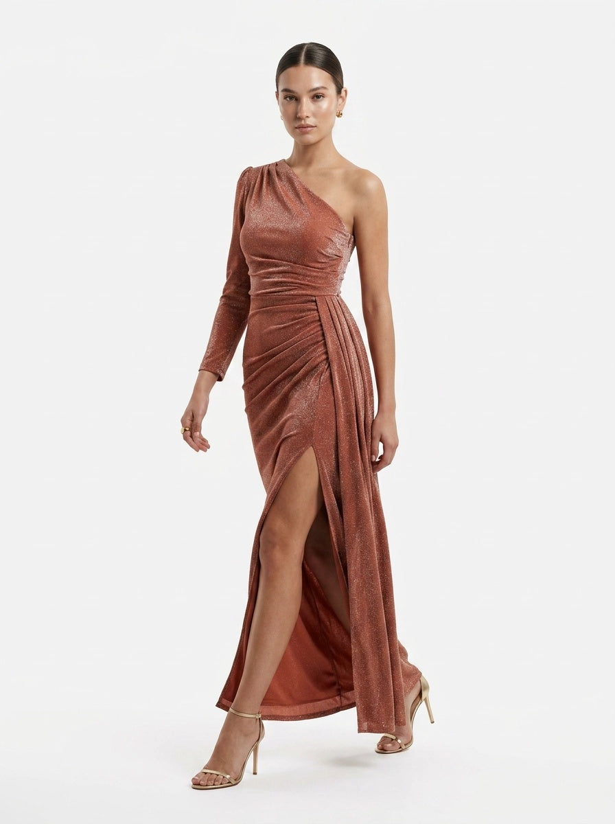 Peach One Shoulder Draped Dress - Explosion