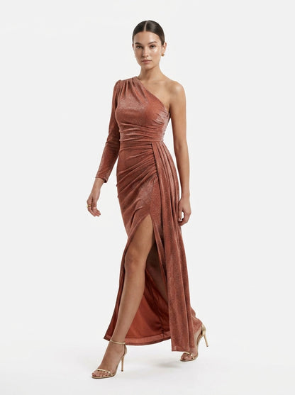 Peach One Shoulder Draped Dress - Explosion