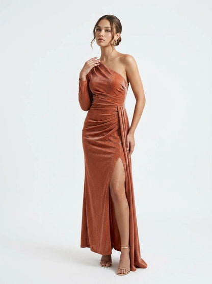 Peach One Shoulder Draped Dress - Explosion