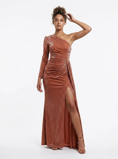 Peach One Shoulder Draped Dress - Explosion