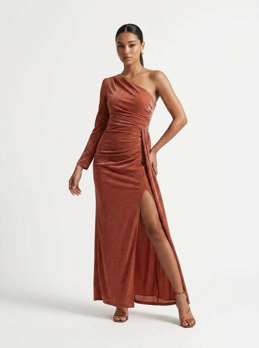 Peach One Shoulder Draped Dress - Explosion