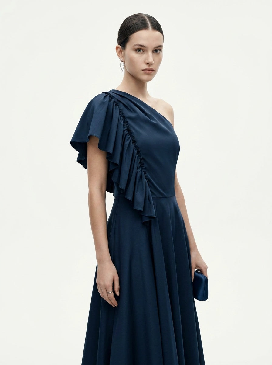Ruffle Maxi Navy Dress - Eleria Cortes