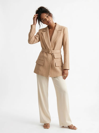 Textured Beige Belted Blazer - Setre
