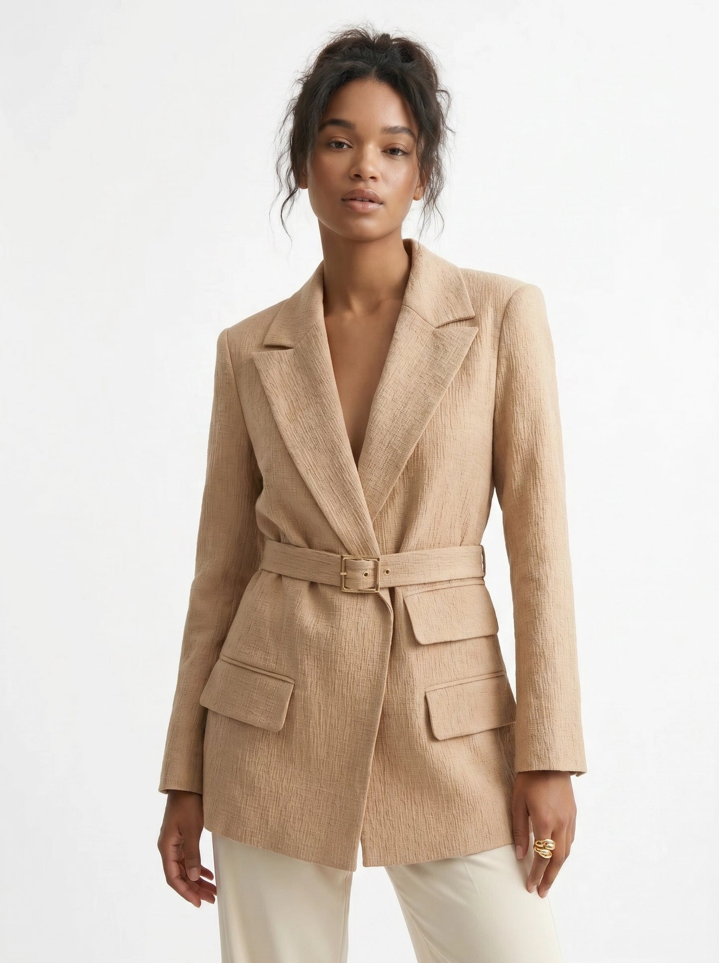 Textured Beige Belted Blazer - Setre
