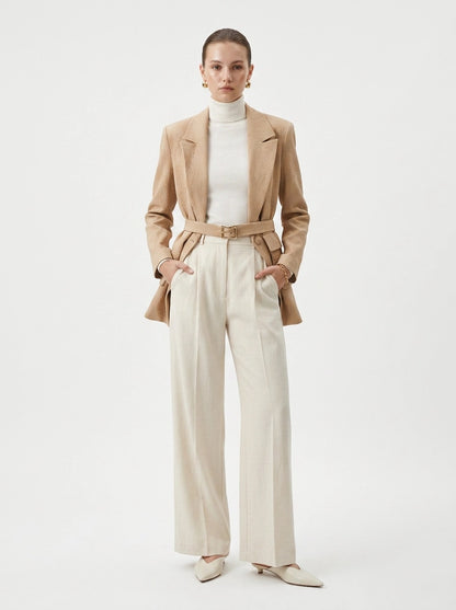 Textured Beige Belted Blazer - Setre