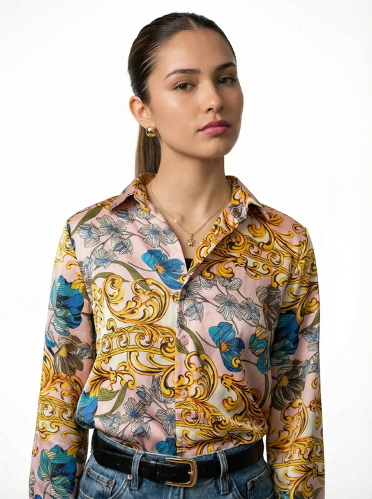 Light Pink and Gold Button-Up Blouse