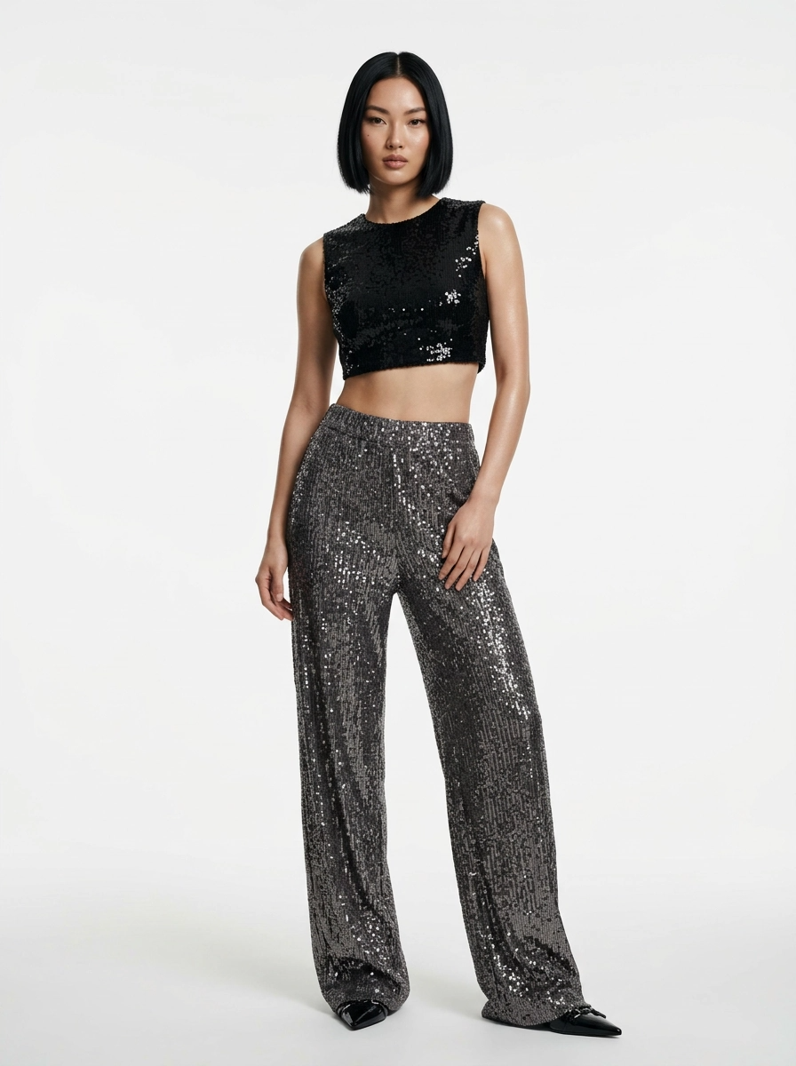Seductive Grey Sequins Straight Leg Trousers