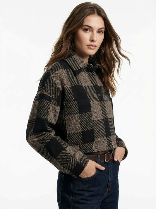 Taupe and Black Cropped Plaid Jacket