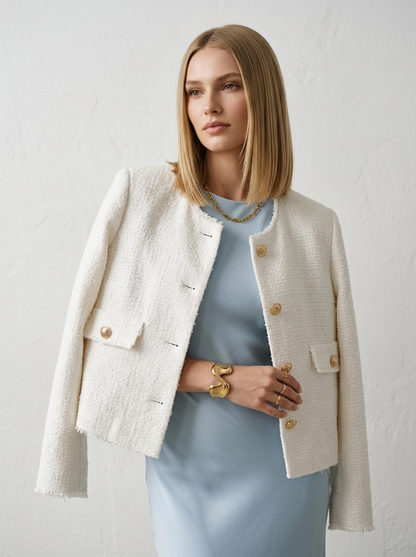 White Boucle Jacket with Gold Buttons