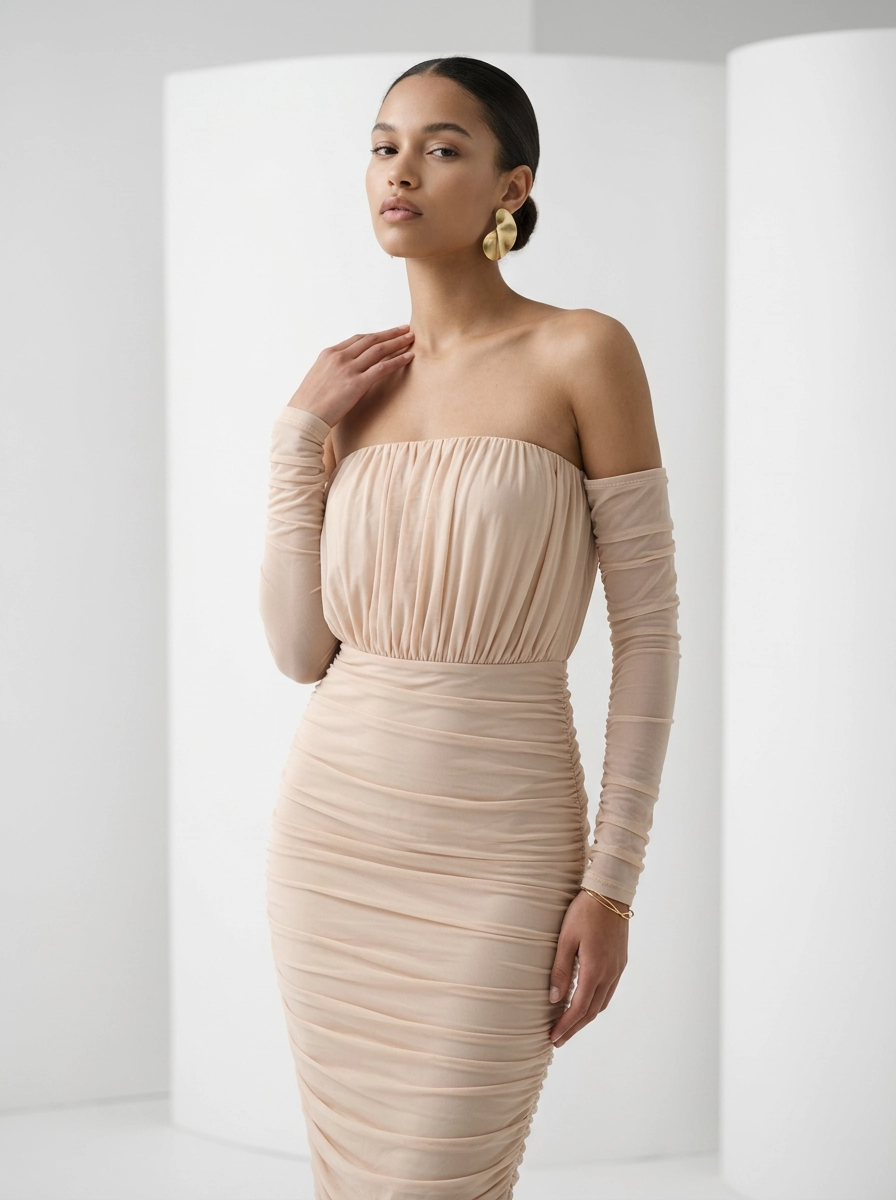 Corset Ruched Dress with Detachable Sleeves Blush - Escoll