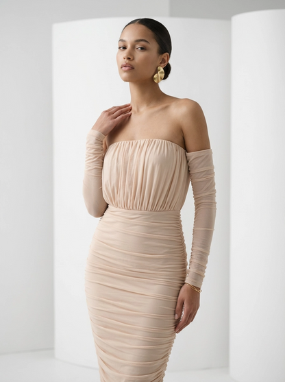 Corset Ruched Dress with Detachable Sleeves Blush - Escoll