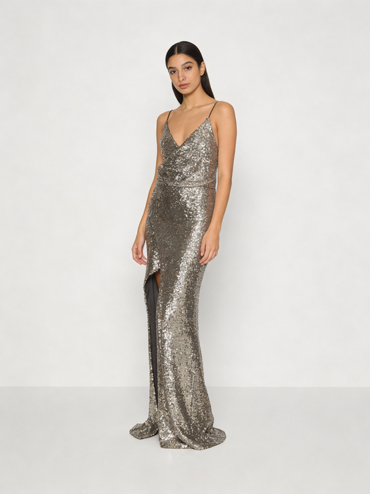 Silver Sequin Evening Gown - Gygess