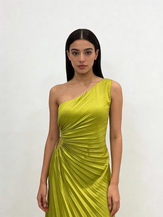 Green Pleated Off Shoulder Gown